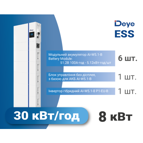 Комплект 3 в 1 Deye AI-W 8 кВт / 30 кВт·год Низьковольтний, 1-фазний